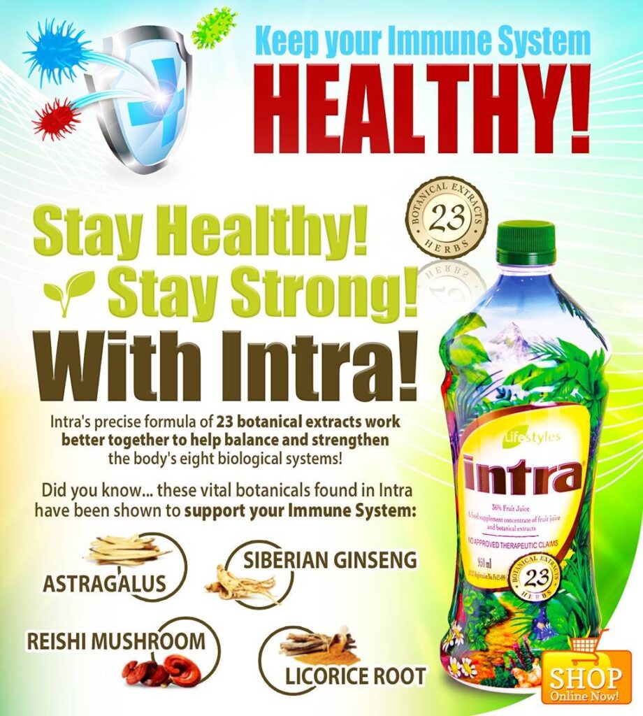 Intra botanical drink featuring 23 botanical extracts, including astragalus, Siberian ginseng, reishi mushroom and liquorice root, promoted for immune system support.